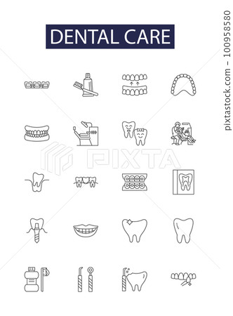 Dental care line vector icons and signs. Flossing, Cleaning, Polishing, Whitening, Fluoride, Sealants, Filling, Extraction outline vector illustration set Dental care line vector icons and signs. Flossing, Cleaning, Polishing, Whitening, Fluoride, Sealants, Filling, Extraction outline vector illustration set 100958580