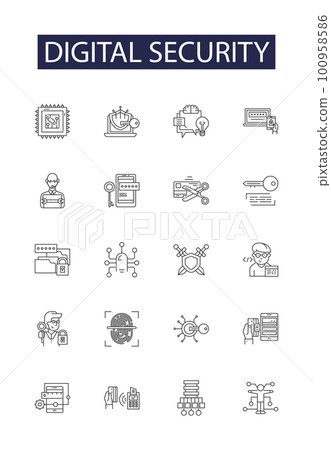 Digital security line vector icons and signs. Security, Encryption, Cyber, Firewall, Virus, Protection, Authentication, Access outline vector illustration set 100958586