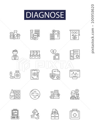 Diagnose line vector icons and signs. Assess, Examine, Identify, Probe, Categorize, Evaluate, Analyze, Investigate outline vector illustration set 100958620
