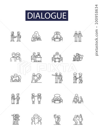 Dialogue line vector icons and signs. Talk, Communicate, Negotiate, Interact, Exchange, Argue, Discuss, Parley outline vector illustration set 100958634
