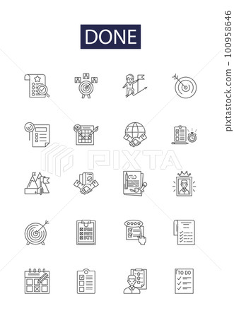 Done line vector icons and signs. Fini, Ended, Over, Executed, Concluded, Terminated, Finished, Realized outline vector illustration set Done line vector icons and signs. Fini, Ended, Over, Executed, Concluded, Terminated, Finished, Realized outline vector illustration set 100958646