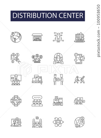 Distribution center line vector icons and signs. Storage, Logistics, Fulfillment, Allied, Supply, Retail, Delivery, Dispatch outline vector illustration set 100958650