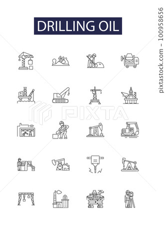 Drilling oil line vector icons and signs. Oil, Petroleum, Exploration, Bore, Rig, Well, Mining, Extract outline vector illustration set 100958656