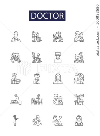 Doctor line vector icons and signs. Surgeon, Practitioner, Consultant, Specialist, Specialist, Medic, Clinician, Healer outline vector illustration set Doctor line vector icons and signs. Surgeon, Practitioner, Consultant, Specialist, Specialist, Medic, Clinician, Healer outline vector illustration set 100958680