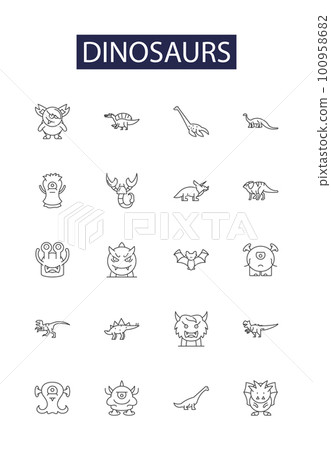 Dinosaurs line vector icons and signs. Reptiles, Fossils, Raptors, Pterosaurs, Brontosaurus, Tyrannosaurus, Lizard, Claws outline vector illustration set Dinosaurs line vector icons and signs. Reptiles, Fossils, Raptors, Pterosaurs, Brontosaurus, Tyrannosaurus, Lizard, Claws outline vector illustration set 100958682