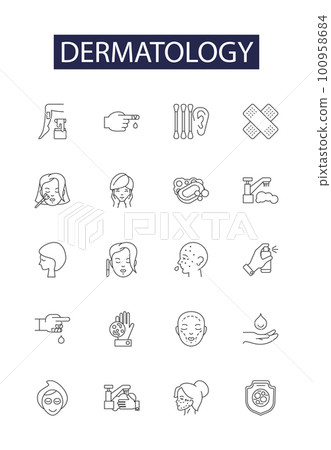 Dermatology line vector icons and signs. Skin, Acne, Melanoma, Dermatitis, Eczema, Psoriasis, Lesion, Itchiness outline vector illustration set 100958684