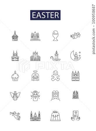 Easter line vector icons and signs. Bunny, Chocolate, Sunrise, Lamb, Holiday, Resurrection, Church, Prayer outline vector illustration set 100958687