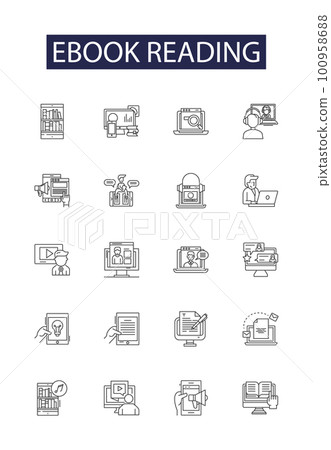 Ebook reading line vector icons and signs. reading, novel, story, digital, kindle, pdf, epub, fiction outline vector illustration set Ebook reading line vector icons and signs. reading, novel, story, digital, kindle, pdf, epub, fiction outline vector illustration set 100958688