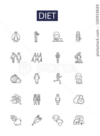 Diet line vector icons and signs. Nutrition, Food, Exercise, Weight, Health, Low-Fat, Calorie, Low-Carb outline vector illustration set Diet line vector icons and signs. Nutrition, Food, Exercise, Weight, Health, Low-Fat, Calorie, Low-Carb outline vector illustration set 100958689