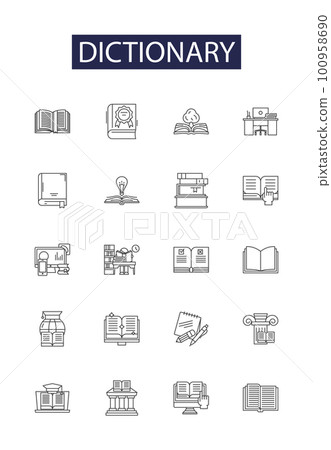 Dictionary line vector icons and signs. Vocabulary, Glossary, Onomasticon, Thesaurus, Roget, Manzoni, Encyclopedia, Concordance outline vector illustration set Dictionary line vector icons and signs. Vocabulary, Glossary, Onomasticon, Thesaurus, Roget, Manzoni, Encyclopedia, Concordance outline vector illustration set 100958690