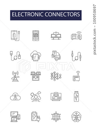 Electronic connectors line vector icons and signs. Pins, Sockets, Plugs, Jacks, SMA, Connectors, Coaxial, SMB outline vector illustration set Electronic connectors line vector icons and signs. Pins, Sockets, Plugs, Jacks, SMA, Connectors, Coaxial, SMB outline vector illustration set 100958697
