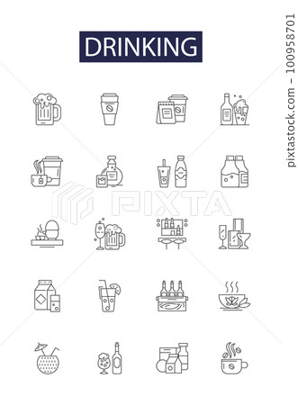 Drinking line vector icons and signs. Gulp, Quaff, Sip, Draught, Gulping, Swig, Swill, Liquor outline vector illustration set Drinking line vector icons and signs. Gulp, Quaff, Sip, Draught, Gulping, Swig, Swill, Liquor outline vector illustration set 100958701
