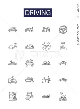 Driving line vector icons and signs. Traversing, Maneuvering, Controlling, Piloting, Steering, Ferrying, Navigating, Absconding outline vector illustration set Driving line vector icons and signs. Traversing, Maneuvering, Controlling, Piloting, Steering, Ferrying, Navigating, Absconding outline vector illustration set 100958704