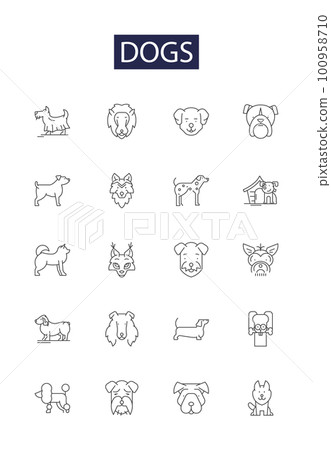Dogs line vector icons and signs. Hound, Pup, Mutt, Labrador, Terrier, Poodle, Harrier, Spaniel outline vector illustration set Dogs line vector icons and signs. Hound, Pup, Mutt, Labrador, Terrier, Poodle, Harrier, Spaniel outline vector illustration set 100958710