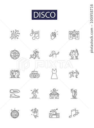 Disco line vector icons and signs. Music, Glitter, Lights, Club, Groove, Saturday, Floor, Friends outline vector illustration set 100958716