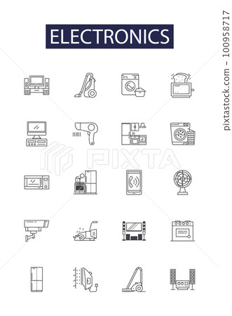 Electronics line vector icons and signs. Electronics engineering, Circuit, Microcontroller, transistor, solar cells, capacitors, resistors, processor outline vector illustration set Electronics line vector icons and signs. Electronics engineering, Circuit, Microcontroller, transistor, solar cells, capacitors, resistors, processor outline vector illustration set 100958717
