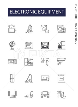 Electronic equipment line vector icons and signs. devices, gadgets, instruments, appliances, components, machinery, systems, units outline vector illustration set Electronic equipment line vector icons and signs. devices, gadgets, instruments, appliances, components, machinery, systems, units outline vector illustration set 100958731