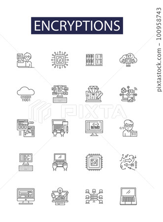 Encryptions line vector icons and signs. Cryptography, Coding, Cybersecurity, Ciphers, Obfuscation, Hashing, Algorithms, Cryptanalysis outline vector illustration set Encryptions line vector icons and signs. Cryptography, Coding, Cybersecurity, Ciphers, Obfuscation, Hashing, Algorithms, Cryptanalysis outline vector illustration set 100958743