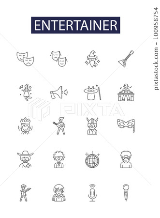 Entertainer line vector icons and signs. Artist, Humorist, Entertainer, Comedian, Clown, Actor, Musician, Speaker outline vector illustration set Entertainer line vector icons and signs. Artist, Humorist, Entertainer, Comedian, Clown, Actor, Musician, Speaker outline vector illustration set 100958754