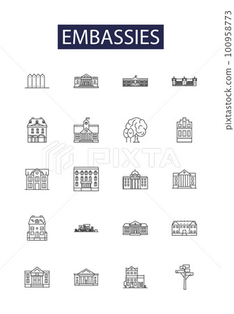 Embassies line vector icons and signs. Diplomats, Consulates, Ambassadors, Legations, Missions, Liaisons, Envoys, Offices outline vector illustration set 100958773