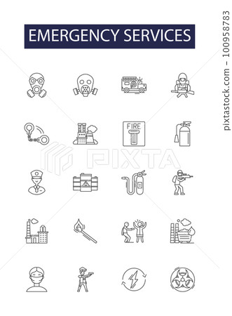 Emergency services line vector icons and signs. Firefighter, Policeman, Rescue, Paramedic, 9, EMT, Extinguish, Trauma outline vector illustration set Emergency services line vector icons and signs. Firefighter, Policeman, Rescue, Paramedic, 9, EMT, Extinguish, Trauma outline vector illustration set 100958783