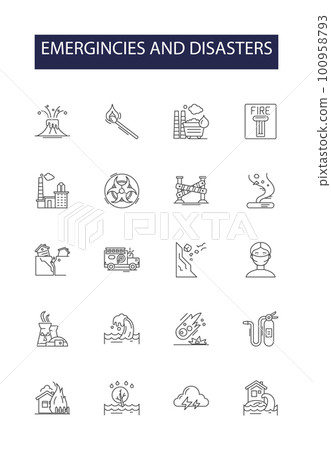 Emergincies and disasters line vector icons and signs. Emergency, Disaster, Flood, Fire, Earthquake, Tsunami, Storm, Tornado outline vector illustration set 100958793
