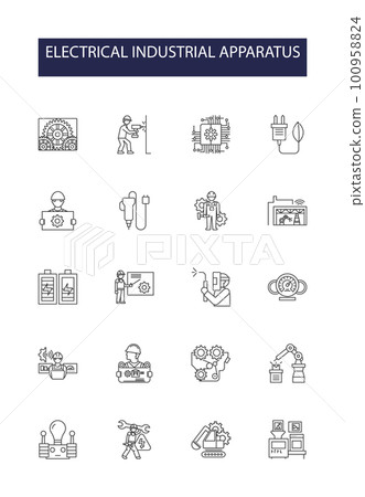 Electrical industrial apparatus line vector icons and signs. Electrical, Industrial, Motors, Connectors, Transformers, Control, Switches, Relays outline vector illustration set 100958824