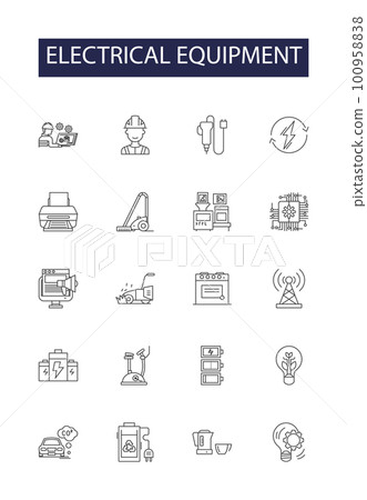Electrical equipment line vector icons and signs. equipment, wiring, switch, capacitor, transformer, plug, outlet, cable outline vector illustration set Electrical equipment line vector icons and signs. equipment, wiring, switch, capacitor, transformer, plug, outlet, cable outline vector illustration set 100958838