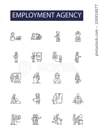 Employment agency line vector icons and signs. Agency, Job, Recruitment, Hiring, Search, Staffing, Seekers, Applicants outline vector illustration set 100958877