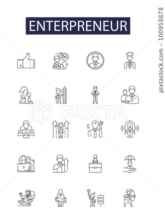 Enterpreneur line vector icons and signs. Start-up, Businessman, Innovator, Mogul, Trailblazer, Risk-taker, Tycoon, Investor outline vector illustration set Enterpreneur line vector icons and signs. Start-up, Businessman, Innovator, Mogul, Trailblazer, Risk-taker, Tycoon, Investor outline vector illustration set 100958878