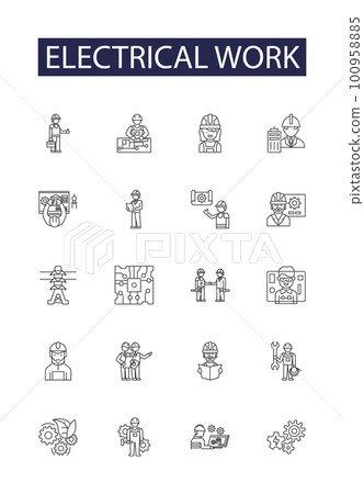 Electrical work line vector icons and signs. installation, servicing, repairing, rewiring, inspection, troubleshooting, upgrading,faultfinding outline vector illustration set Electrical work line vector icons and signs. installation, servicing, repairing, rewiring, inspection, troubleshooting, upgrading,faultfinding outline vector illustration set 100958885