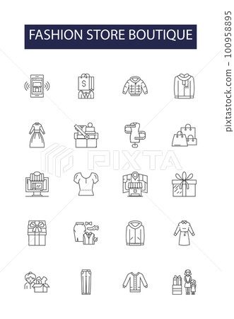 Fashion store boutique line vector icons and signs. boutique, shop, retail, fashion, clothing, clothes, business,fashionable outline vector illustration set Fashion store boutique line vector icons and signs. boutique, shop, retail, fashion, clothing, clothes, business,fashionable outline vector illustration set 100958895