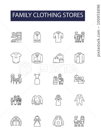 Family clothing stores line vector icons and signs. Kids, Infant, Suits, Outerwear, Footwear, Denim, Jeans, Tops outline vector illustration set Family clothing stores line vector icons and signs. Kids, Infant, Suits, Outerwear, Footwear, Denim, Jeans, Tops outline vector illustration set 100958896