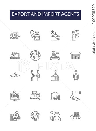 Export and import agents line vector icons and signs. Importers, Agents, Trade, Shipping, Cargo, Customs, Brokers, Logistics outline vector illustration set Export and import agents line vector icons and signs. Importers, Agents, Trade, Shipping, Cargo, Customs, Brokers, Logistics outline vector illustration set 100958899