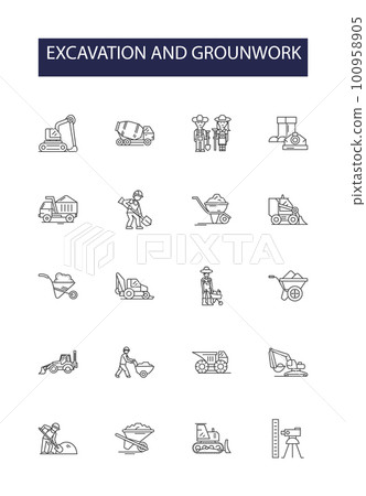 Excavation and grounwork line vector icons and signs. Groundwork, Digging, Grading, Demolition, Drilling, Trenching, Dredging, Piling outline vector illustration set 100958905