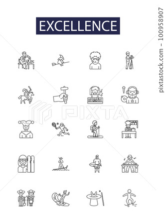 Excellence line vector icons and signs. Exceptional, Stellar, Remarkable, Brilliant, Magnificent, Superior, Admirable, Extraordinary outline vector illustration set 100958907