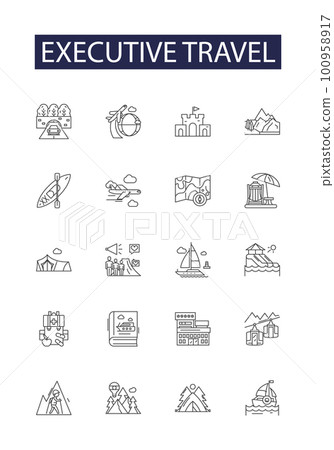Executive travel line vector icons and signs. Executive, Travel, Corporate, Air, Flight, Jet, Service, Charter outline vector illustration set 100958917