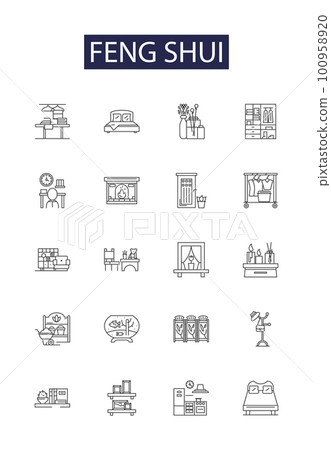 Feng shui line vector icons and signs. Harmony, Flow, Balance, Landscape, Vastu, Bagua, Harmony, Nature outline vector illustration set 100958920