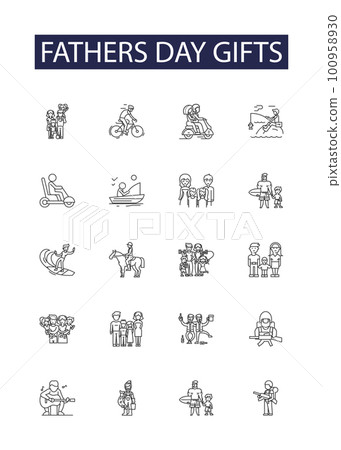 Fathers day gifts line vector icons and signs. Fathers, Day, Cards, Watch, Wallet, Tie, Photo, Accessories outline vector illustration set Fathers day gifts line vector icons and signs. Fathers, Day, Cards, Watch, Wallet, Tie, Photo, Accessories outline vector illustration set 100958930