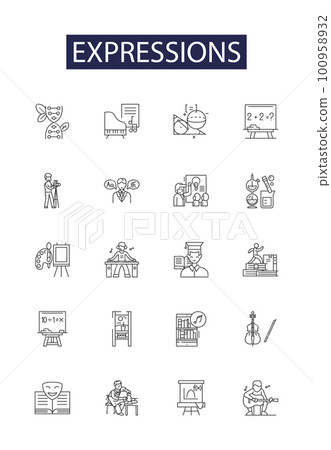 Expressions line vector icons and signs. Idioms, Slang, Sayings, Cliches, Utterances, Tone, Proverbs, Vocabulary outline vector illustration set 100958932