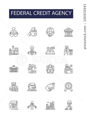 Federal credit agency line vector icons and signs. VA, HUD, CFPB, SBA, SLS, NCUA, FCS, FCA outline vector illustration set 100958945