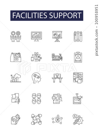 Facilities support line vector icons and signs. Support, Maintenance, Services, Infrastructure, Technical, Resources, Repair, Assistance outline vector illustration set Facilities support line vector icons and signs. Support, Maintenance, Services, Infrastructure, Technical, Resources, Repair, Assistance outline vector illustration set 100958951