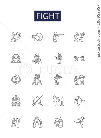 Fight line vector icons and signs. rival, contest, wrestle, brawl, battle, quarrel, clash, struggle outline vector illustration set Fight line vector icons and signs. rival, contest, wrestle, brawl, battle, quarrel, clash, struggle outline vector illustration set 100958957