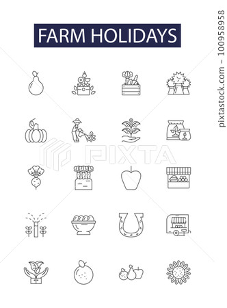 Farm holidays line vector icons and signs. Holidays, Vacation, Rural, Agritourism, Relaxation, Equestrian, Countryside, Getaway outline vector illustration set Farm holidays line vector icons and signs. Holidays, Vacation, Rural, Agritourism, Relaxation, Equestrian, Countryside, Getaway outline vector illustration set 100958958