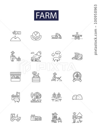 Farm line vector icons and signs. Harvest, Agronomy, Plough, Livestock, Plot, Irrigation, Prairie, Pen outline vector illustration set Farm line vector icons and signs. Harvest, Agronomy, Plough, Livestock, Plot, Irrigation, Prairie, Pen outline vector illustration set 100958963