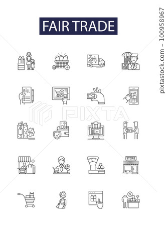 Fair trade line vector icons and signs. trade, concept, business, crowd, show, expo, hall,exhibition outline vector illustration set 100958967