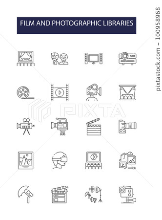 Film and photographic libraries line vector icons and signs. Photography, Library, Archive, Stock, Movies, Images, Digital, Videos outline vector illustration set Film and photographic libraries line vector icons and signs. Photography, Library, Archive, Stock, Movies, Images, Digital, Videos outline vector illustration set 100958968