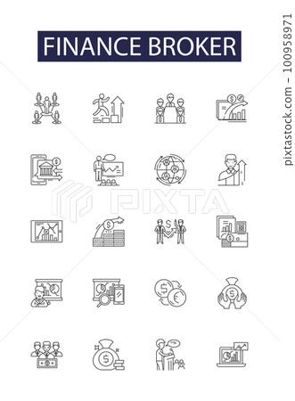 Finance broker line vector icons and signs. Broker, Investment, Banking, Consultancy, Advisory, Money, Credit, Mortgage outline vector illustration set 100958971