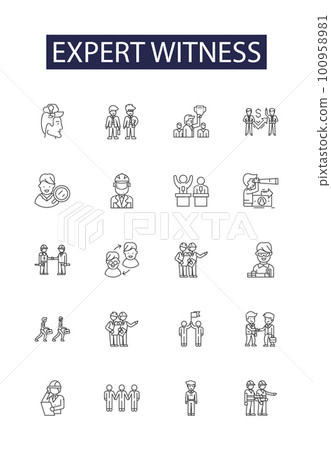 Expert witness line vector icons and signs. Witness, Testimony, Litigation, Evidence, Arbitration, Courtroom, Lawyer, Judge outline vector illustration set 100958981