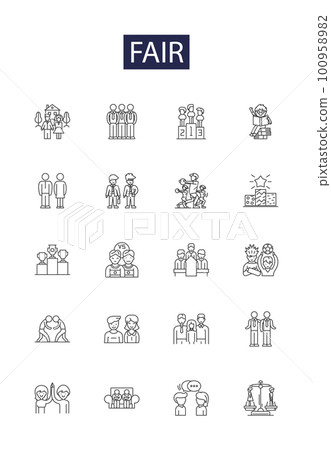 Fair line vector icons and signs. Unbiased, Honest, Impartial, Reasonable, Equal, Righteous, Equitable, Ethical outline vector illustration set 100958982